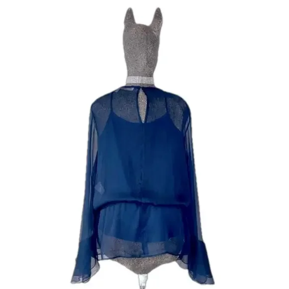 See By Chloe Sheer Navy Ruffle Blouse w/ Cami Top Boho Romantic Medium - Picture 11 of 17